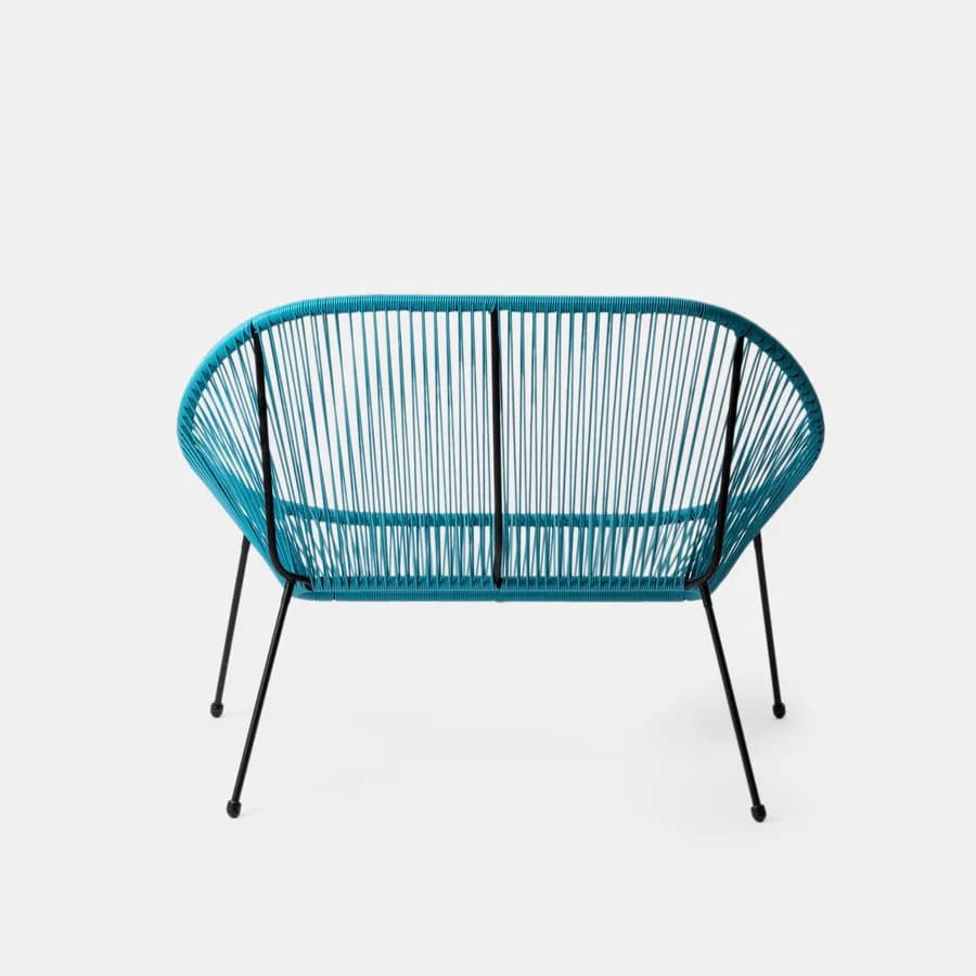 Set relax con divano 2 poltrone e tavolino 90x45 cm in metallo nero e corda azzurro - Kalimba