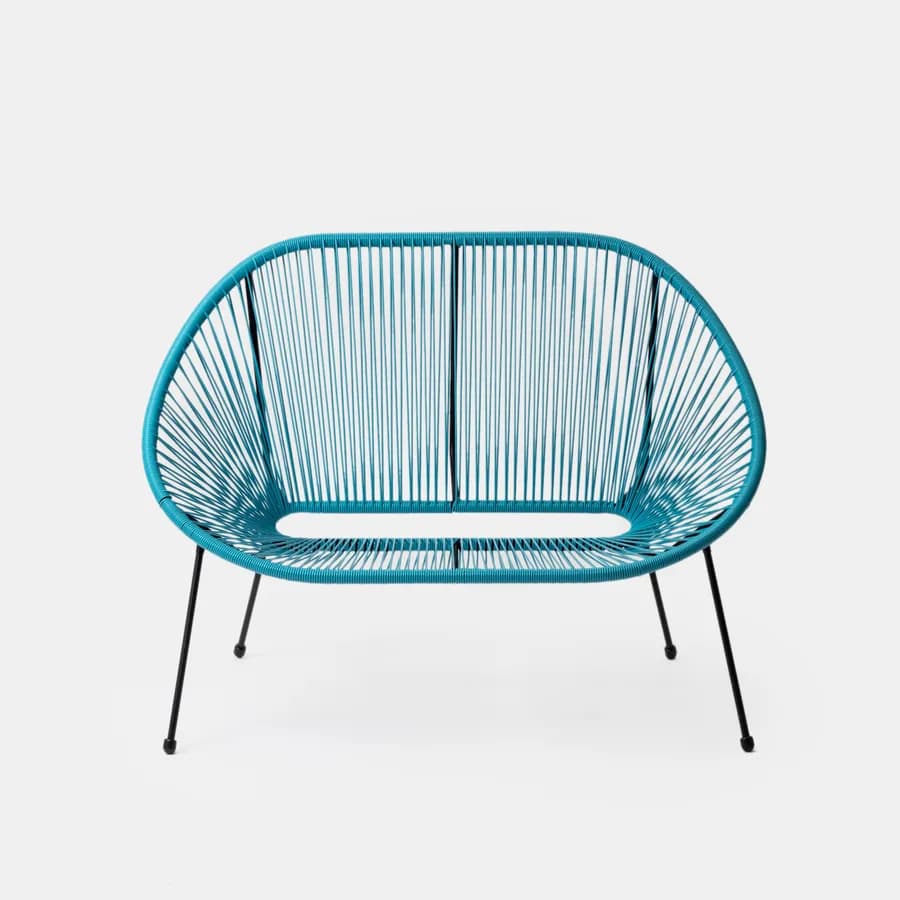 Set relax con divano 2 poltrone e tavolino 90x45 cm in metallo nero e corda azzurro - Kalimba