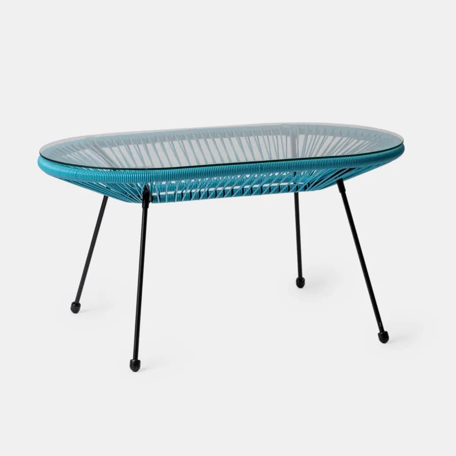 Set relax con divano 2 poltrone e tavolino 90x45 cm in metallo nero e corda azzurro - Kalimba