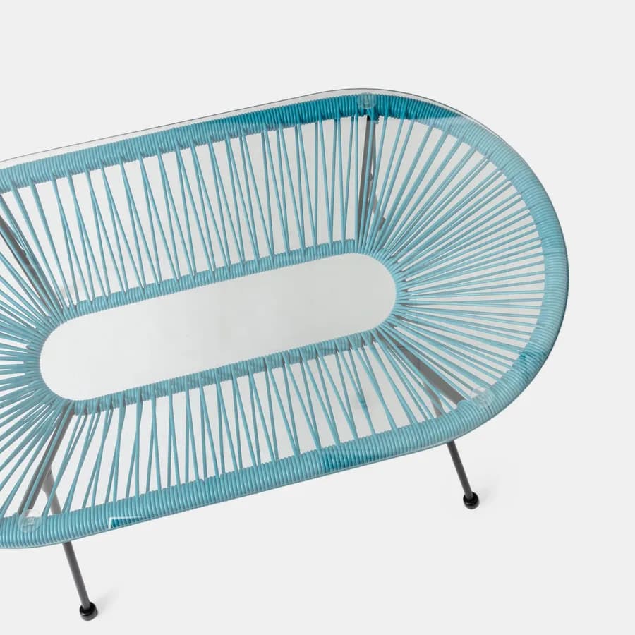 Set relax con divano 2 poltrone e tavolino 90x45 cm in metallo nero e corda azzurro - Kalimba