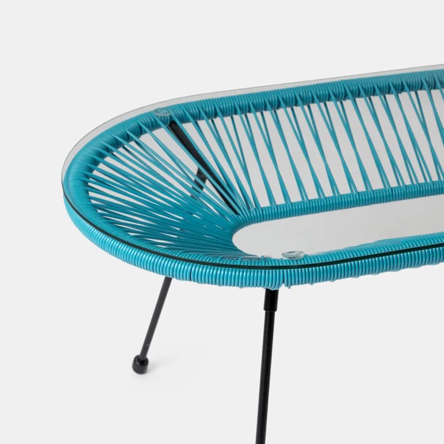 Set relax con divano 2 poltrone e tavolino 90x45 cm in metallo nero e corda azzurro - Kalimba