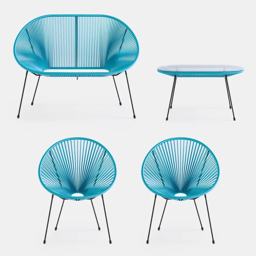 Set relax con divano 2 poltrone e tavolino 90x45 cm in metallo nero e corda azzurro - Kalimba