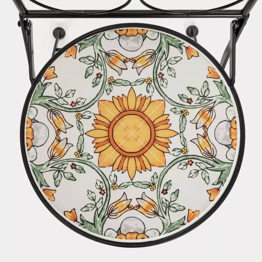 Set bistrot con tavolo rotondo 60 cm e 2 sedie con decorazione mosaico a fiori arancio - Otranto