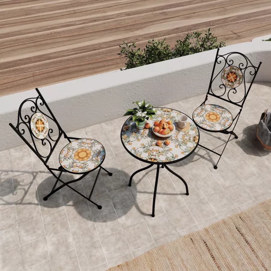 Set bistrot con tavolo rotondo 60 cm e 2 sedie con decorazione mosaico a fiori arancio - Otranto