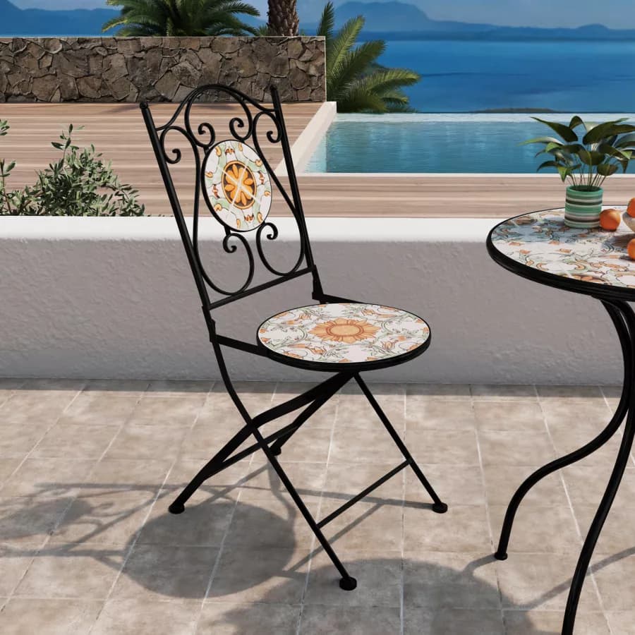 Set bistrot con tavolo rotondo 60 cm e 2 sedie con decorazione mosaico a fiori arancio - Otranto