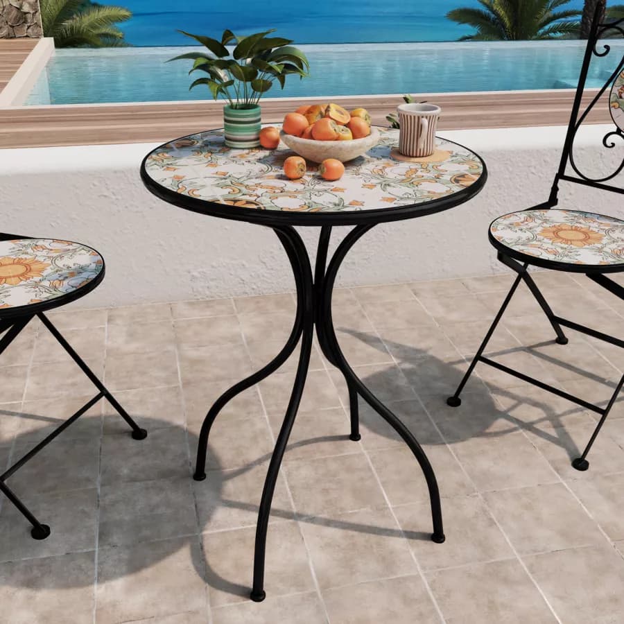 Set bistrot con tavolo rotondo 60 cm e 2 sedie con decorazione mosaico a fiori arancio - Otranto