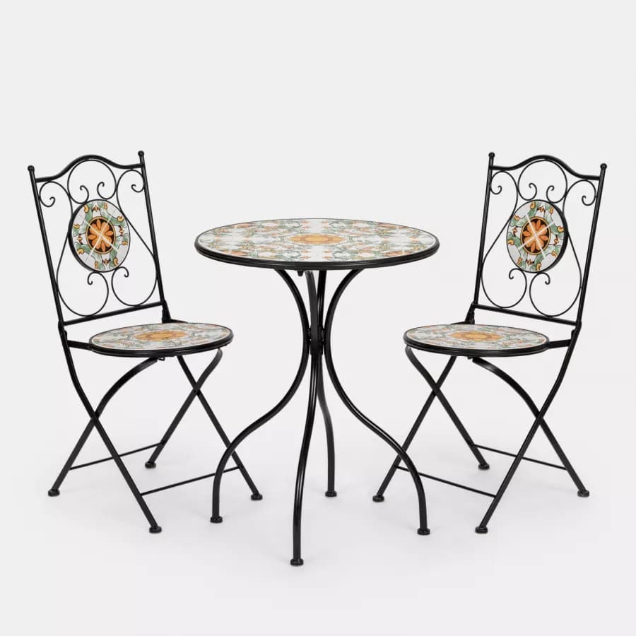 Set bistrot con tavolo rotondo 60 cm e 2 sedie con decorazione mosaico a fiori arancio - Otranto