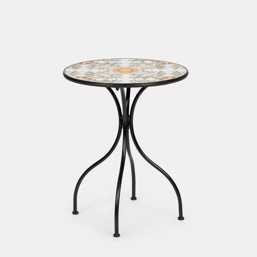 Set bistrot con tavolo rotondo 60 cm e 2 sedie con decorazione mosaico a fiori arancio - Otranto