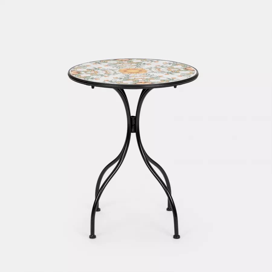 Set bistrot con tavolo rotondo 60 cm e 2 sedie con decorazione mosaico a fiori arancio - Otranto