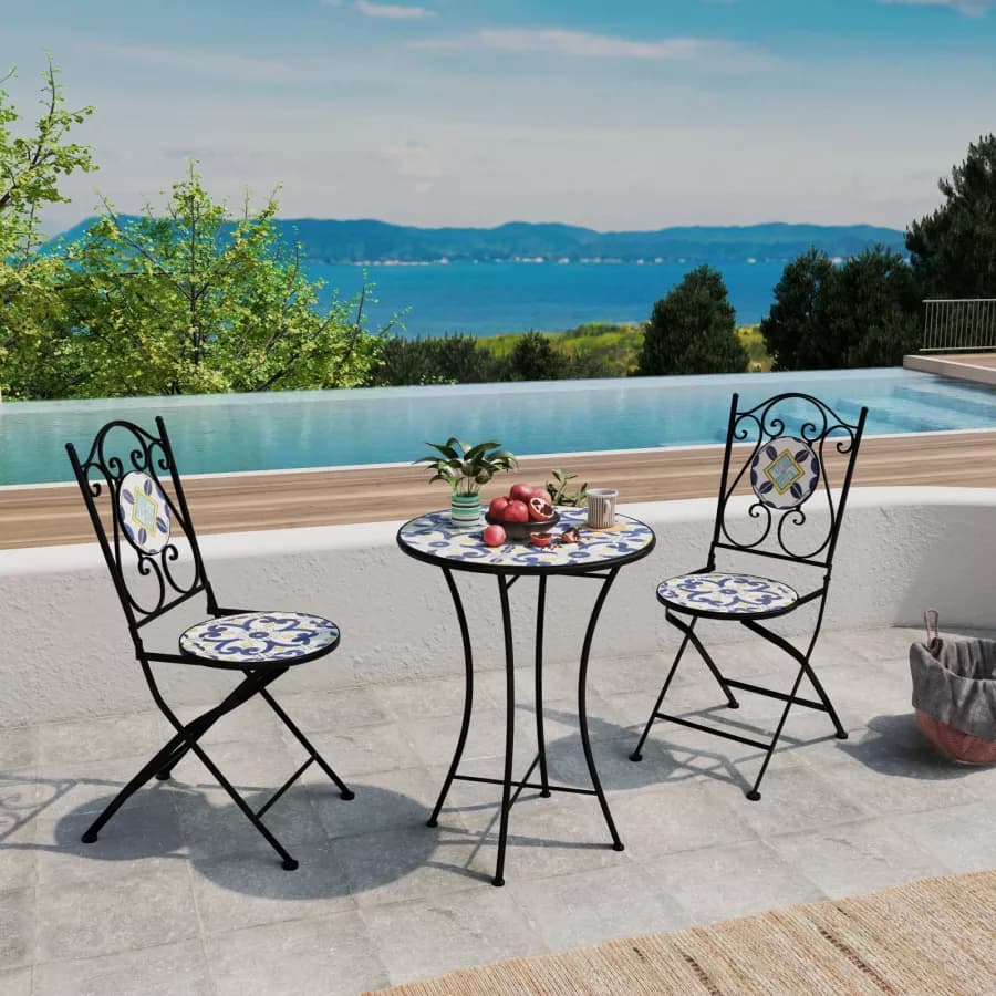 Set bistrot con tavolo rotondo 60 cm e 2 sedie con decorazione mosaico a fiori blu - Otranto
