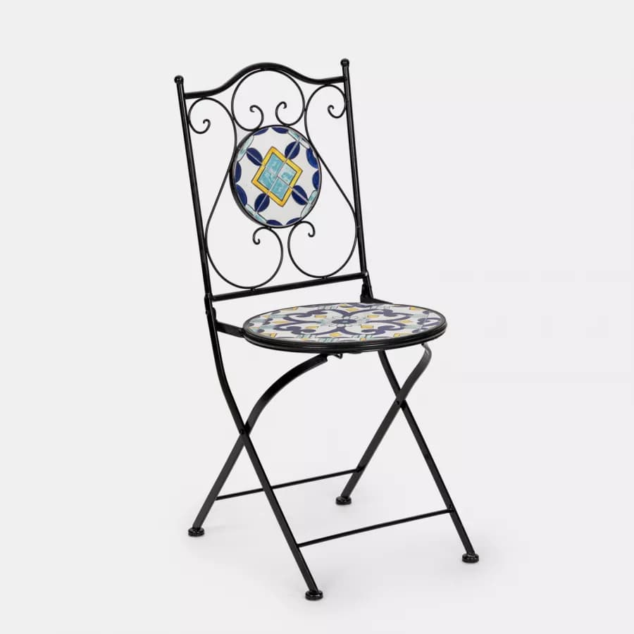 Set bistrot con tavolo rotondo 60 cm e 2 sedie con decorazione mosaico a fiori blu - Otranto