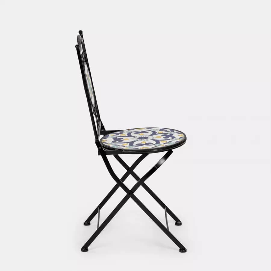 Set bistrot con tavolo rotondo 60 cm e 2 sedie con decorazione mosaico a fiori blu - Otranto