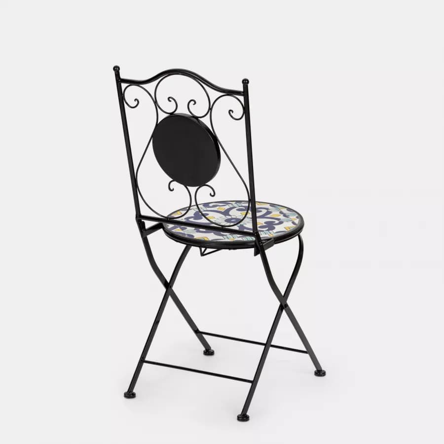 Set bistrot con tavolo rotondo 60 cm e 2 sedie con decorazione mosaico a fiori blu - Otranto