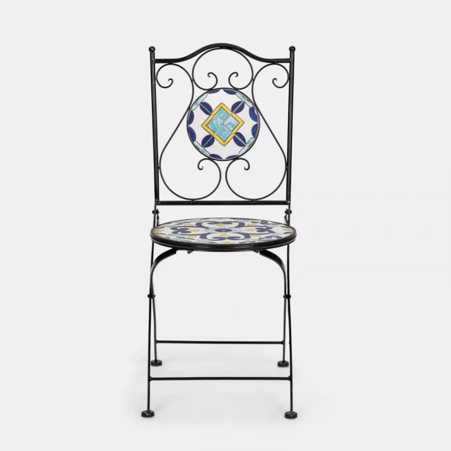 Set bistrot con tavolo rotondo 60 cm e 2 sedie con decorazione mosaico a fiori blu - Otranto