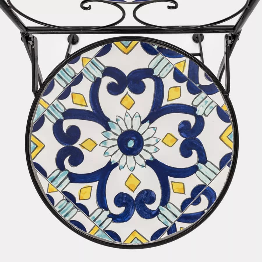 Set bistrot con tavolo rotondo 60 cm e 2 sedie con decorazione mosaico a fiori blu - Otranto