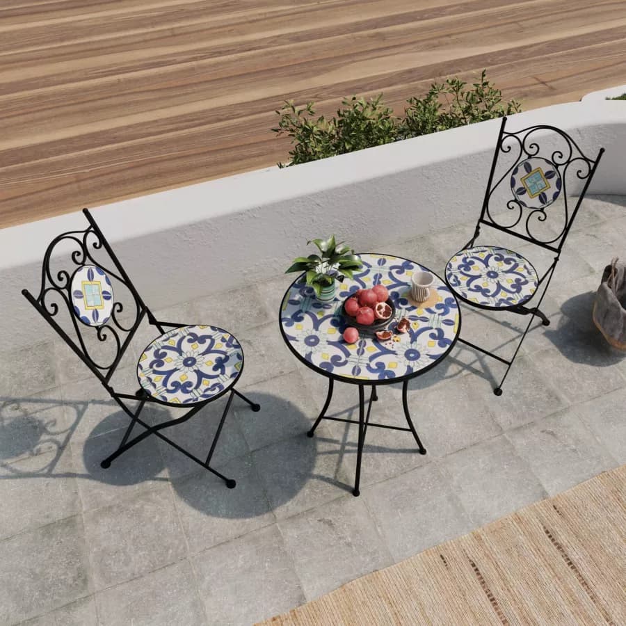 Set bistrot con tavolo rotondo 60 cm e 2 sedie con decorazione mosaico a fiori blu - Otranto