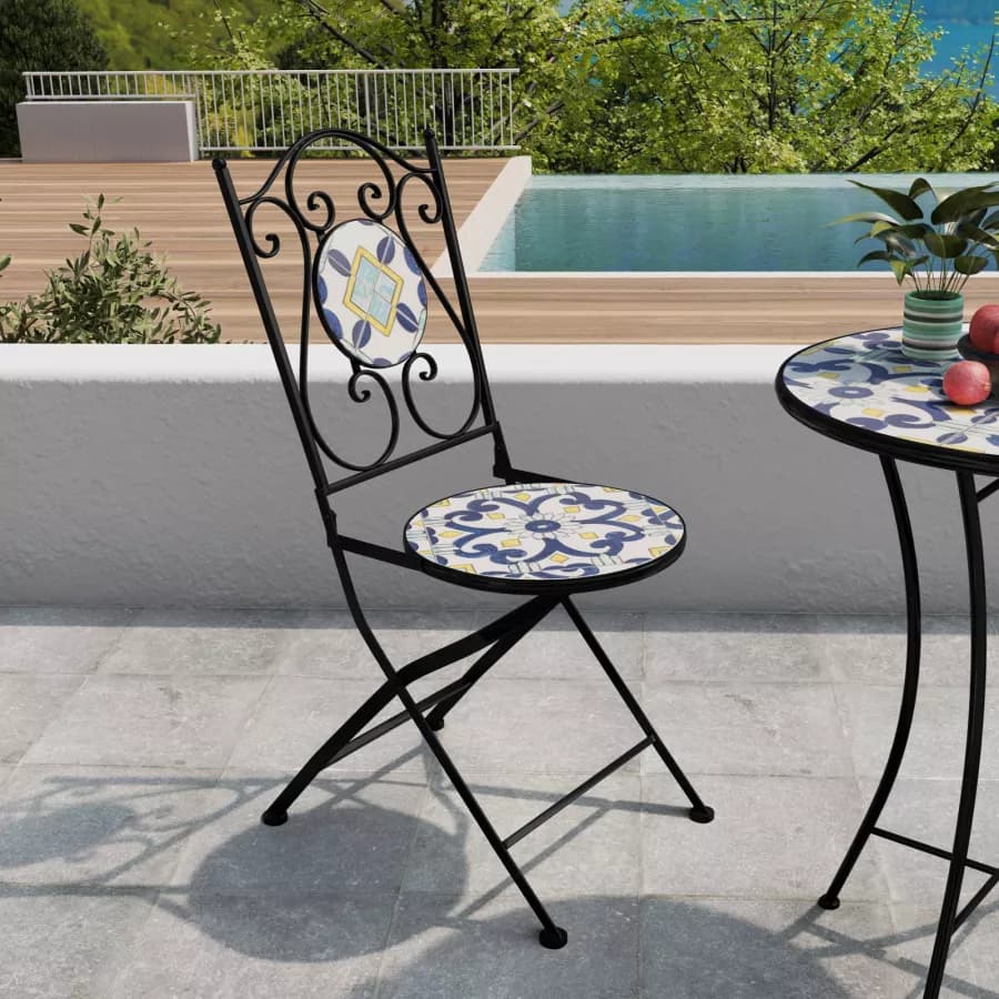 Set bistrot con tavolo rotondo 60 cm e 2 sedie con decorazione mosaico a fiori blu - Otranto