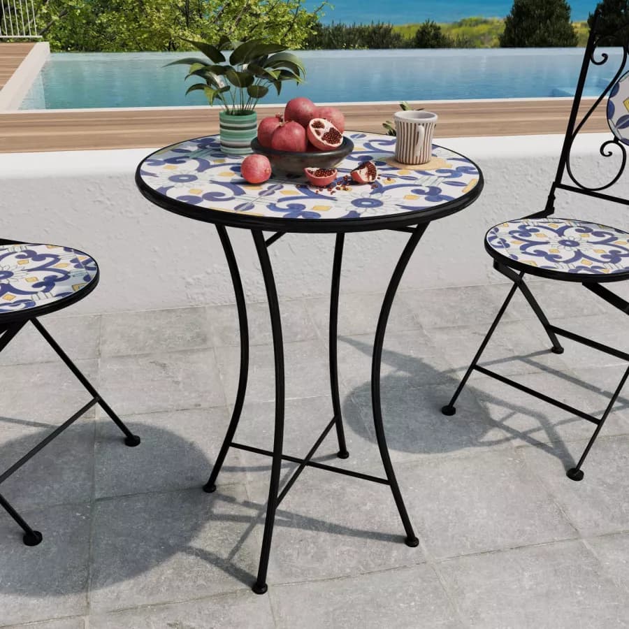 Set bistrot con tavolo rotondo 60 cm e 2 sedie con decorazione mosaico a fiori blu - Otranto