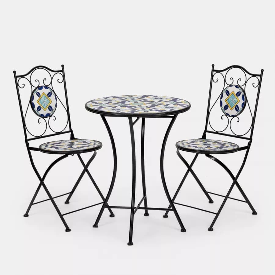 Set bistrot con tavolo rotondo 60 cm e 2 sedie con decorazione mosaico a fiori blu - Otranto