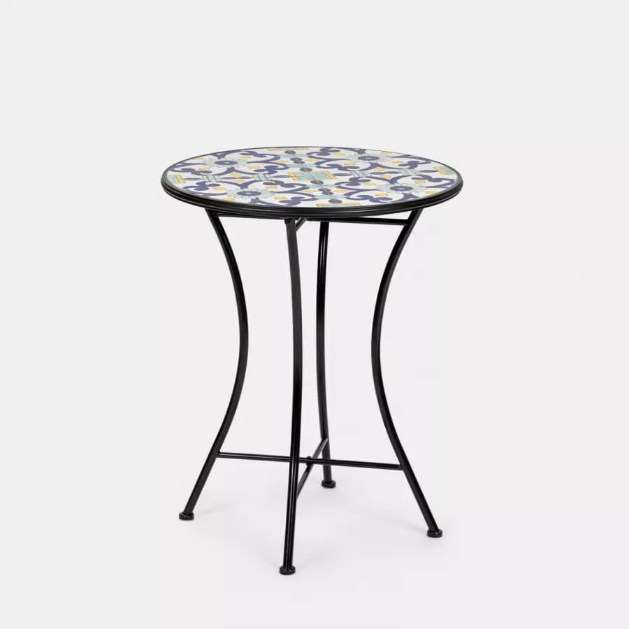Set bistrot con tavolo rotondo 60 cm e 2 sedie con decorazione mosaico a fiori blu - Otranto