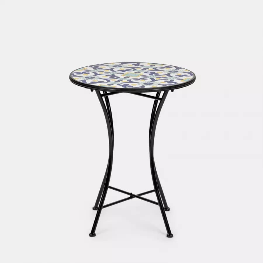 Set bistrot con tavolo rotondo 60 cm e 2 sedie con decorazione mosaico a fiori blu - Otranto
