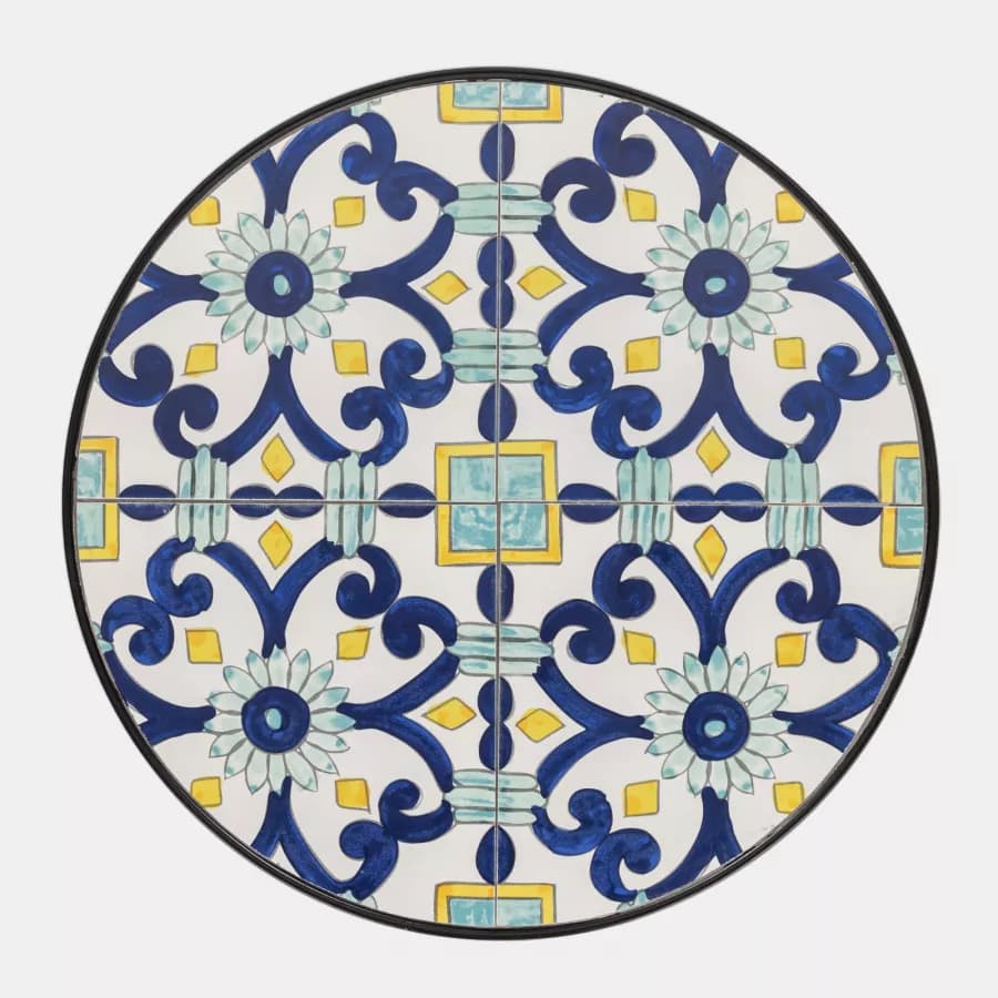 Set bistrot con tavolo rotondo 60 cm e 2 sedie con decorazione mosaico a fiori blu - Otranto