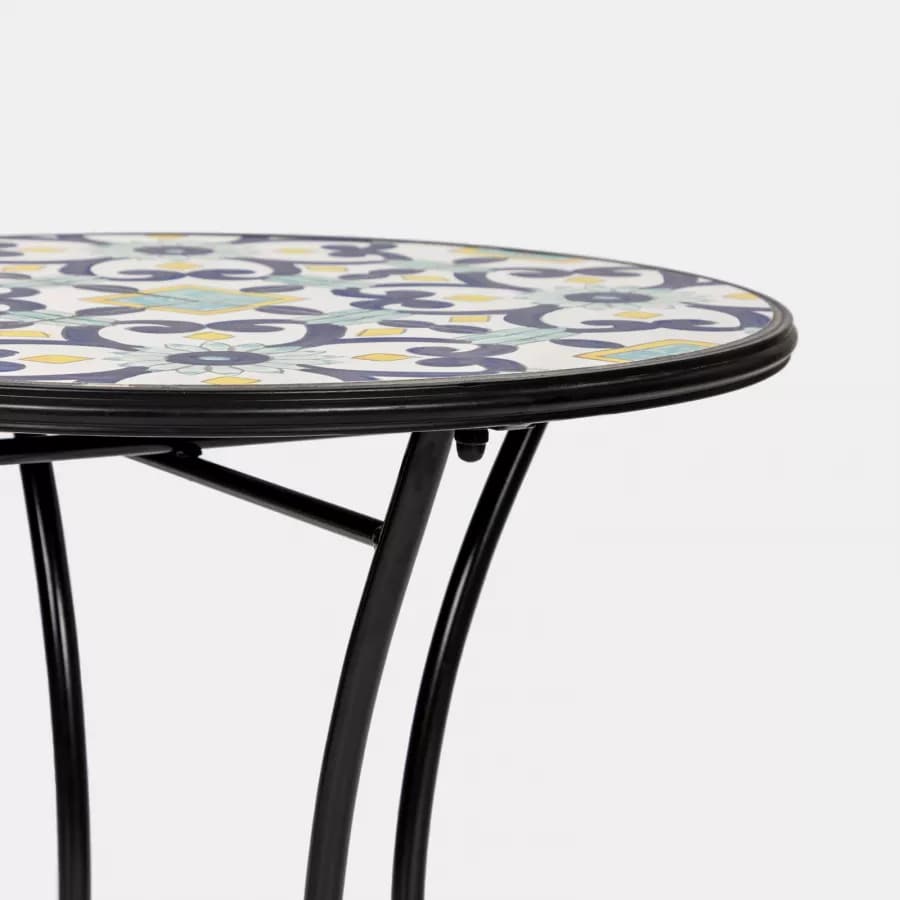 Set bistrot con tavolo rotondo 60 cm e 2 sedie con decorazione mosaico a fiori blu - Otranto