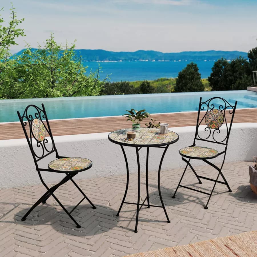 Set bistrot con tavolo rotondo 60 cm e 2 sedie con decorazione mosaico a fiori toni del verde - Otranto
