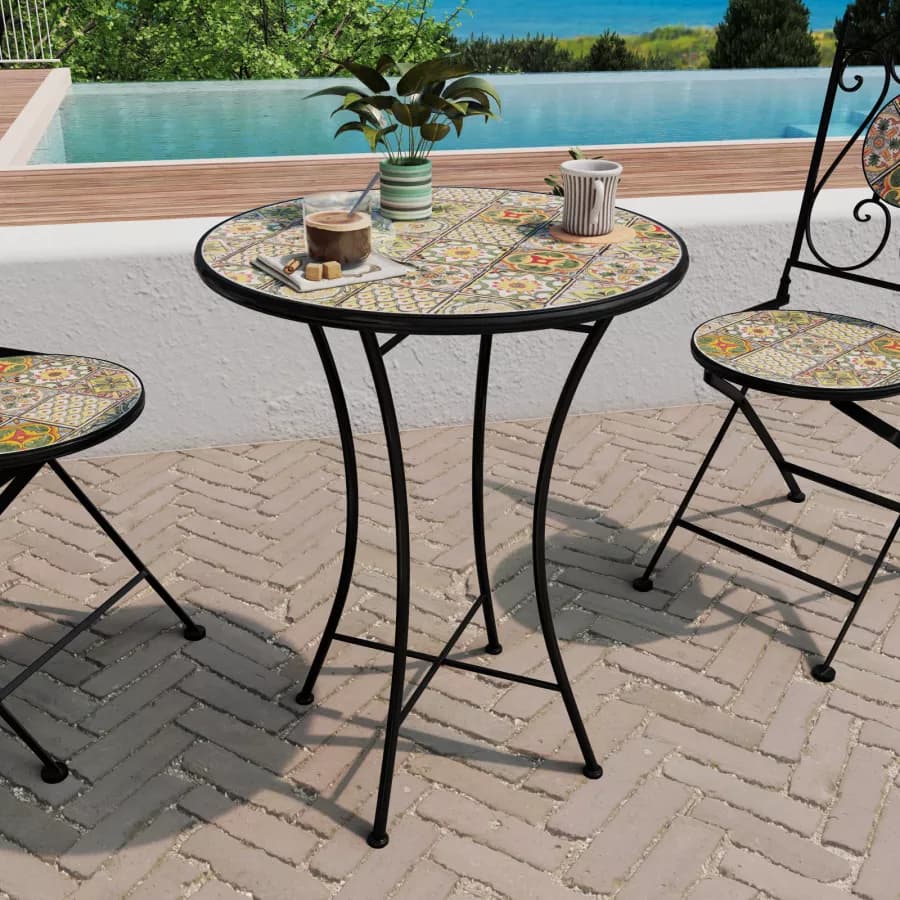 Set bistrot con tavolo rotondo 60 cm e 2 sedie con decorazione mosaico a fiori toni del verde - Otranto