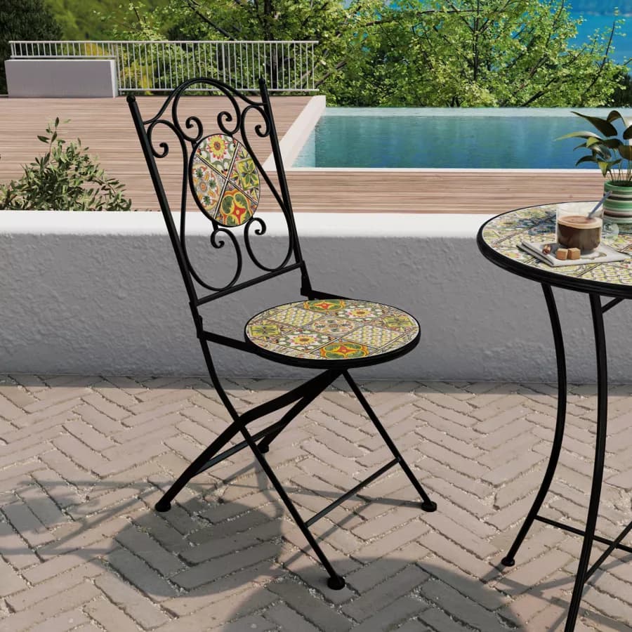 Set bistrot con tavolo rotondo 60 cm e 2 sedie con decorazione mosaico a fiori toni del verde - Otranto