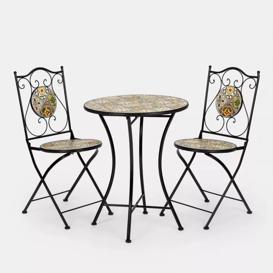 Set bistrot con tavolo rotondo 60 cm e 2 sedie con decorazione mosaico a fiori toni del verde - Otranto