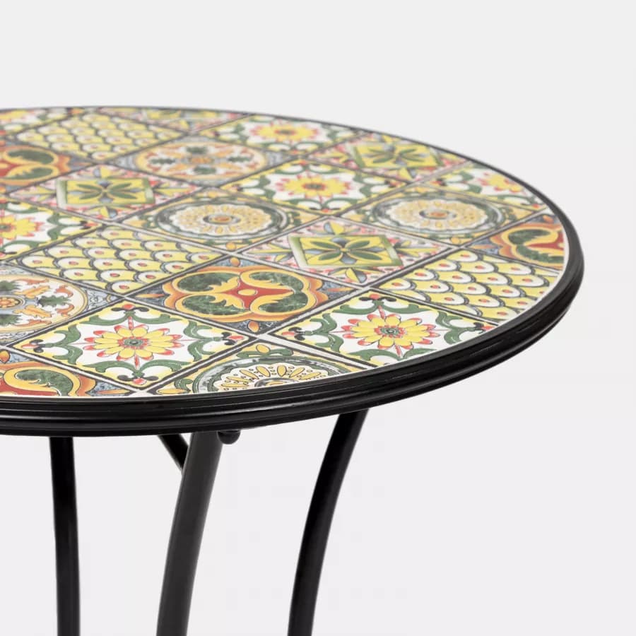 Set bistrot con tavolo rotondo 60 cm e 2 sedie con decorazione mosaico a fiori toni del verde - Otranto