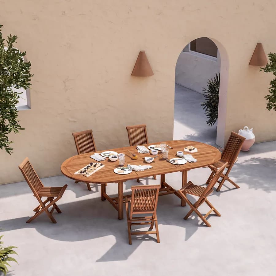 Set pranzo tavolo ovale allungabile 180/240x120 cm e 6 sedie in legno teak - Louis