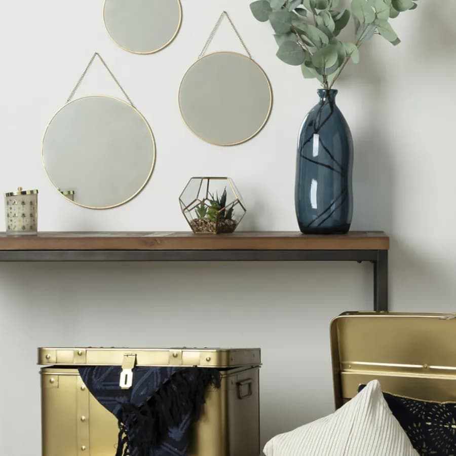 Set di 3 specchi tondi in vetro con cornice dorata