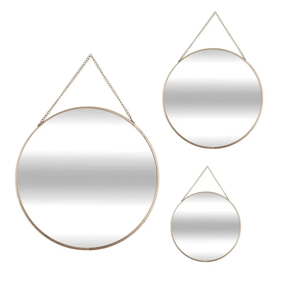 Set di 3 specchi tondi in vetro con cornice dorata