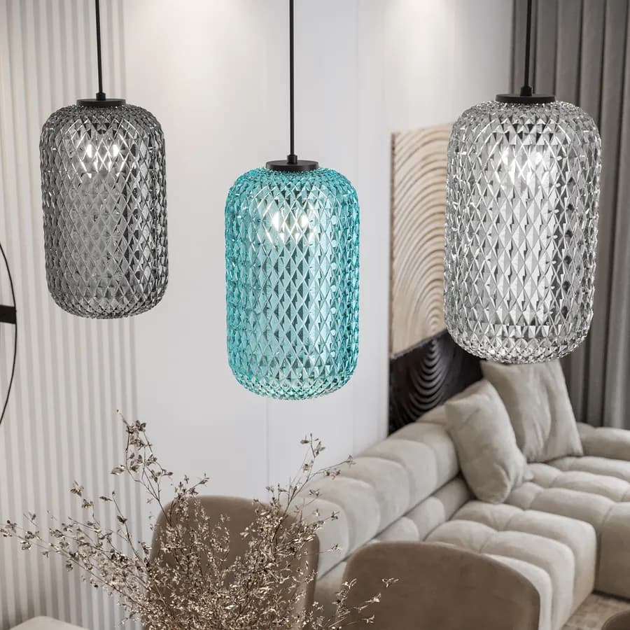 Set di tre lampade a sospensione 20x150h cm in vetro sfaccettato