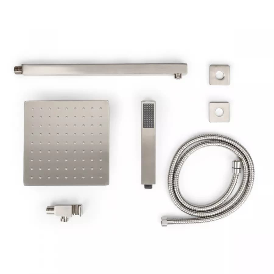 Set doccia con soffione 20x20 cm con braccio quadrato 40 cm e kit doccino spazzolato