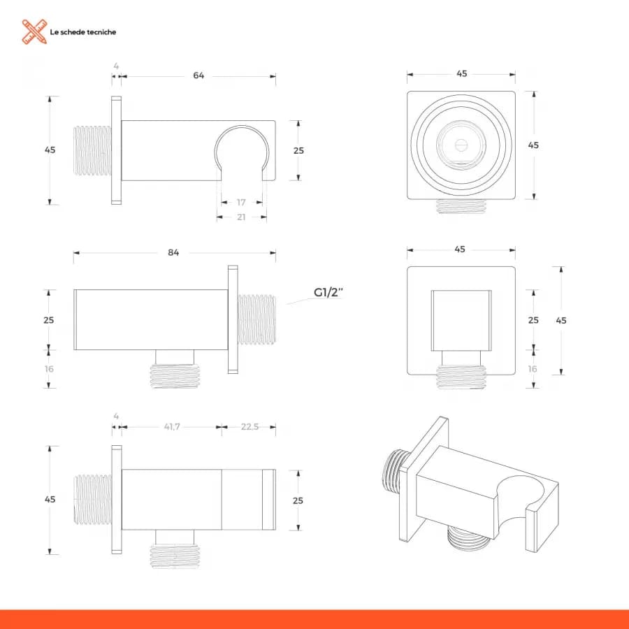 Set doccia con soffione 20x20 cm con braccio quadrato 40 cm e kit doccino spazzolato