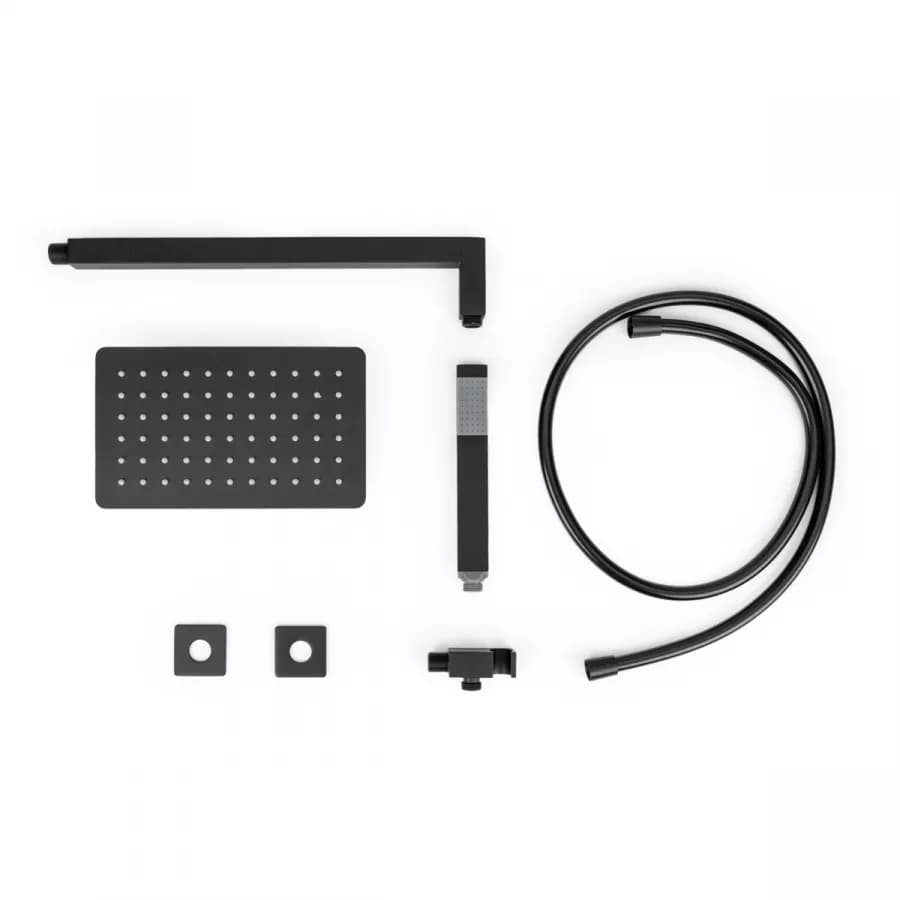 Set doccia con soffione 25x15 cm, braccio 40 cm e kit doccino nero opaco