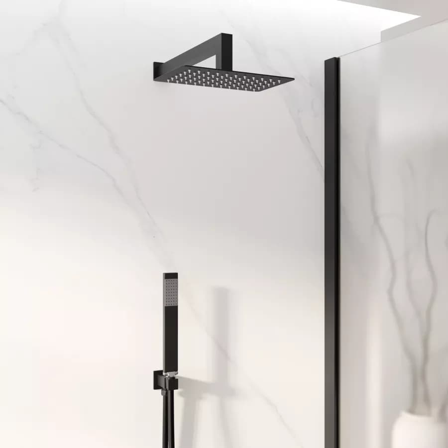 Set doccia con soffione 25x15 cm, braccio doccia 35 cm e kit doccino nero opaco