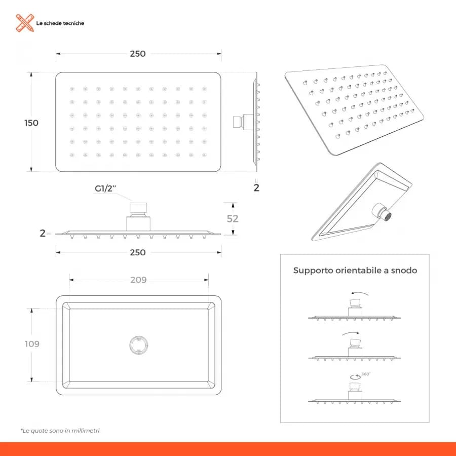 Set doccia con soffione 25x15 cm, braccio doccia 35 cm e kit doccino nero opaco