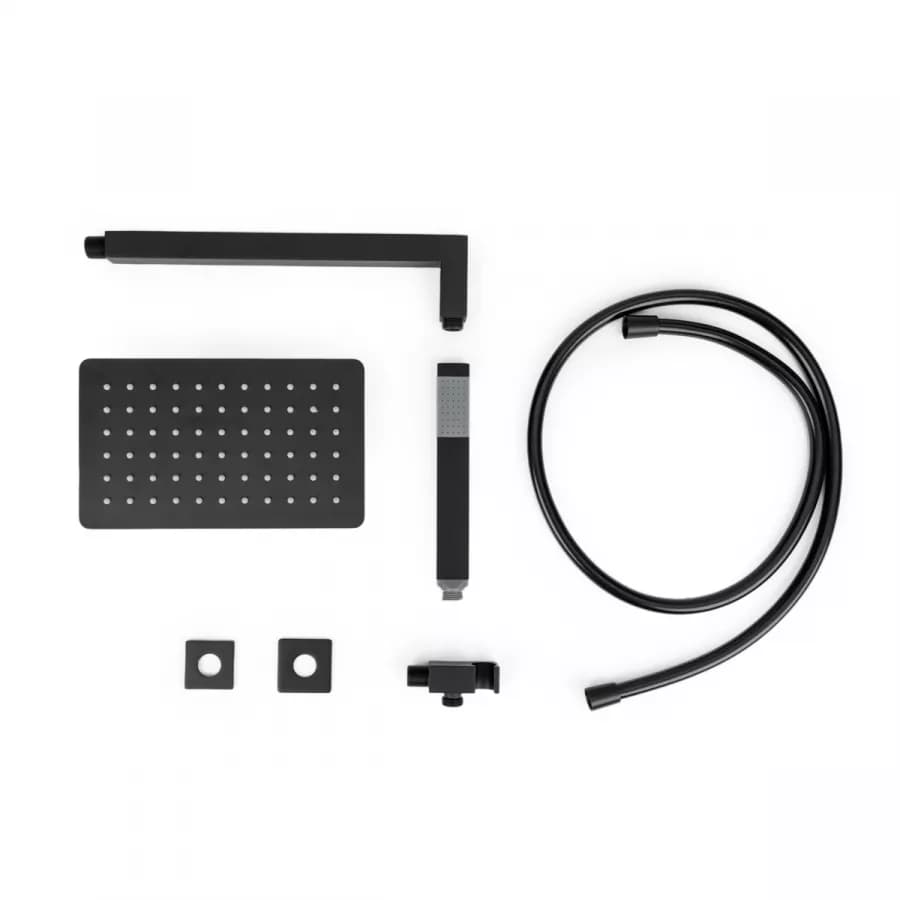 Set doccia con soffione 25x15 cm, braccio doccia 35 cm e kit doccino nero opaco