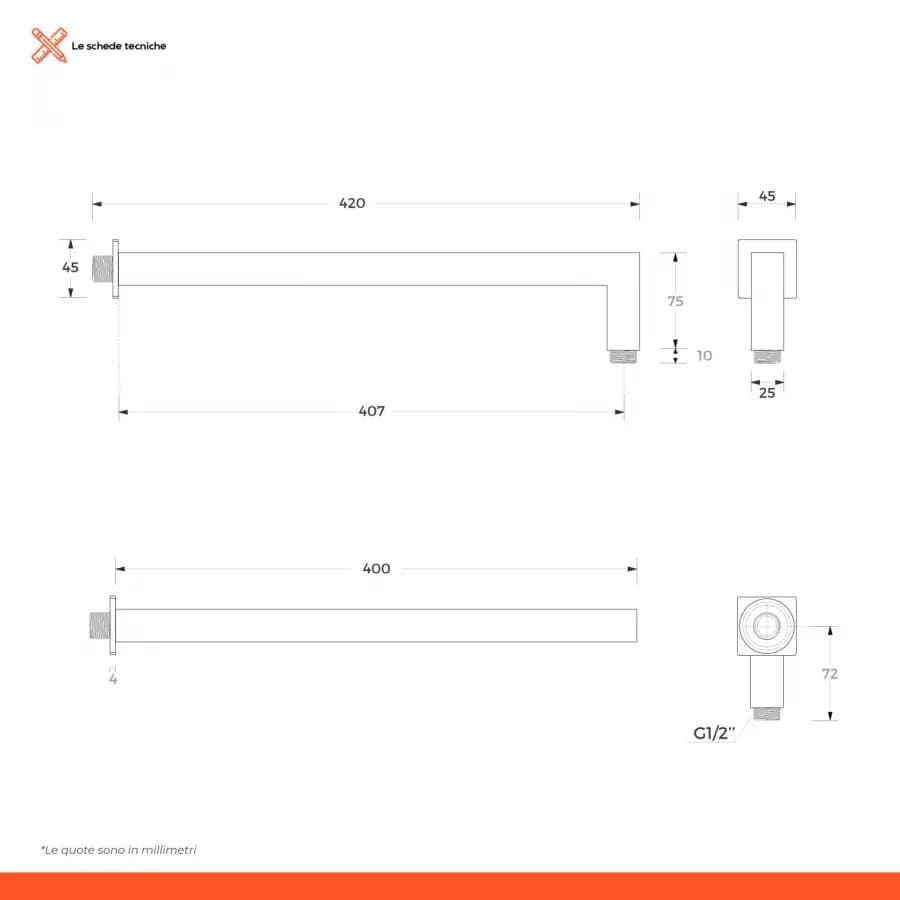 Set doccia con soffione 30x20 cm, braccio doccia 40 cm e kit doccino nero opaco