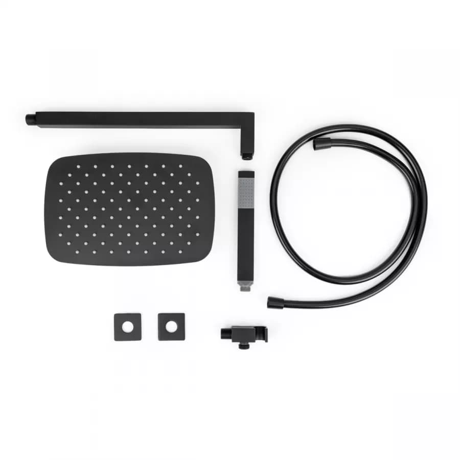 Set doccia con soffione 30x20 cm, braccio doccia 40 cm e kit doccino nero opaco