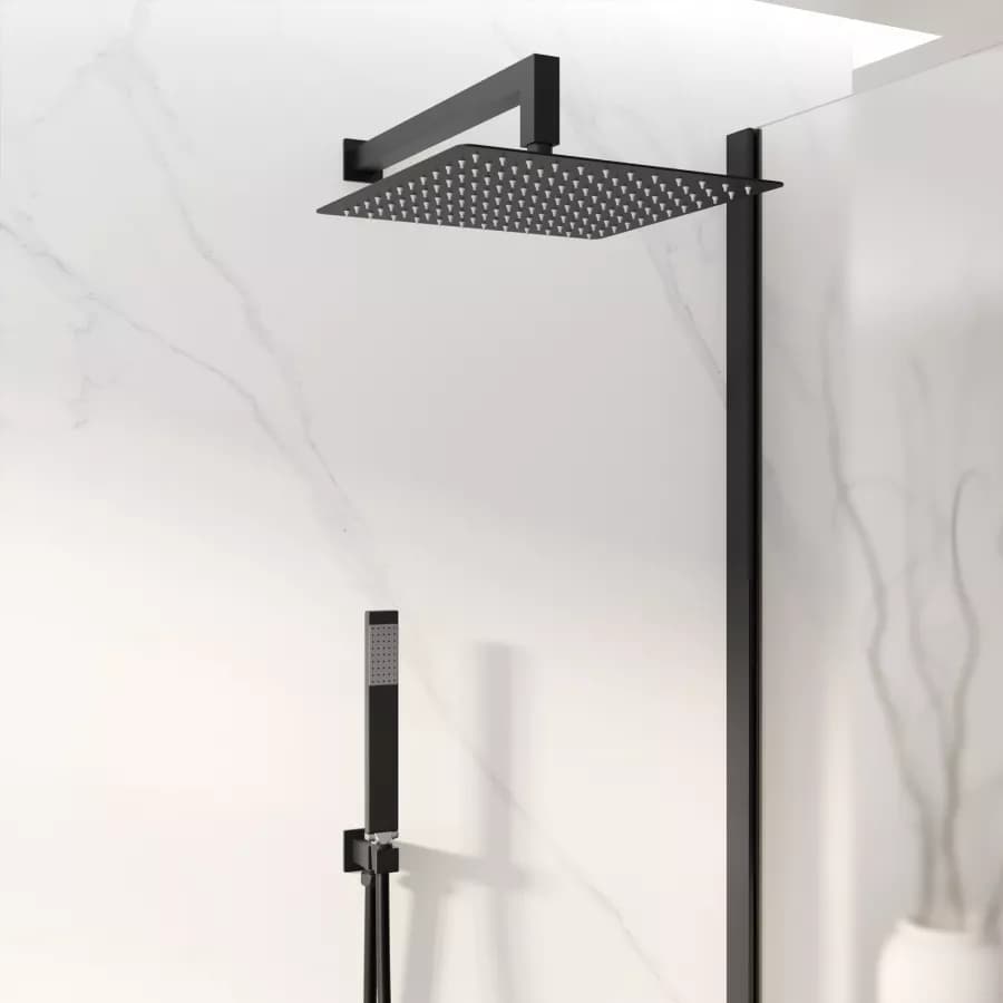 Set doccia con soffione 30x30 cm, braccio doccia 40 cm e kit doccino nero opaco