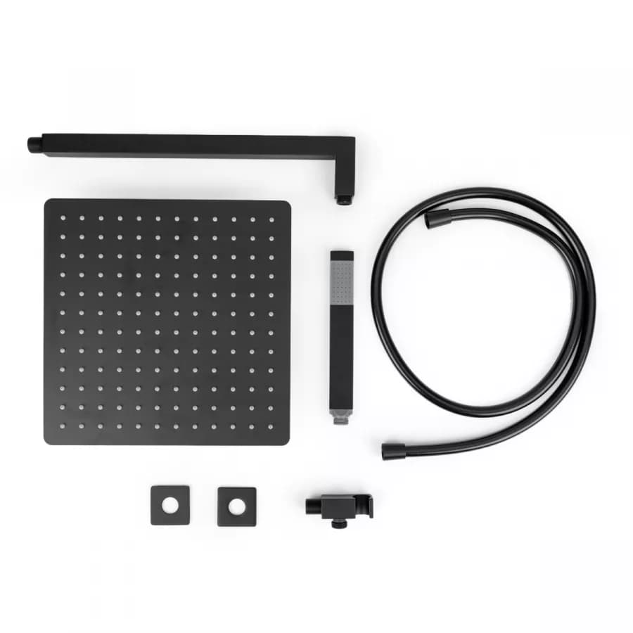 Set doccia con soffione 30x30 cm, braccio doccia 40 cm e kit doccino nero opaco