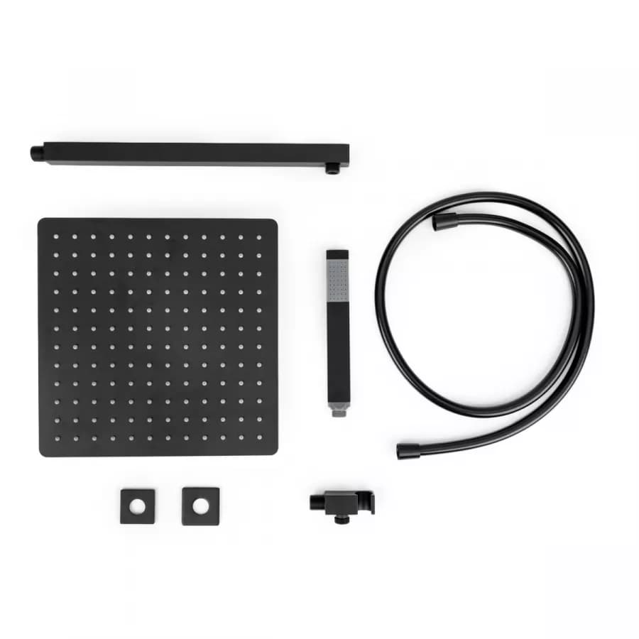 Set doccia con soffione 30x30 cm, braccio quadrato 40 cm e kit doccino nero opaco