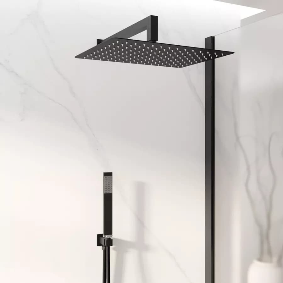 Set doccia con soffione 40x30 cm, braccio doccia 40 cm e kit doccino nero opaco