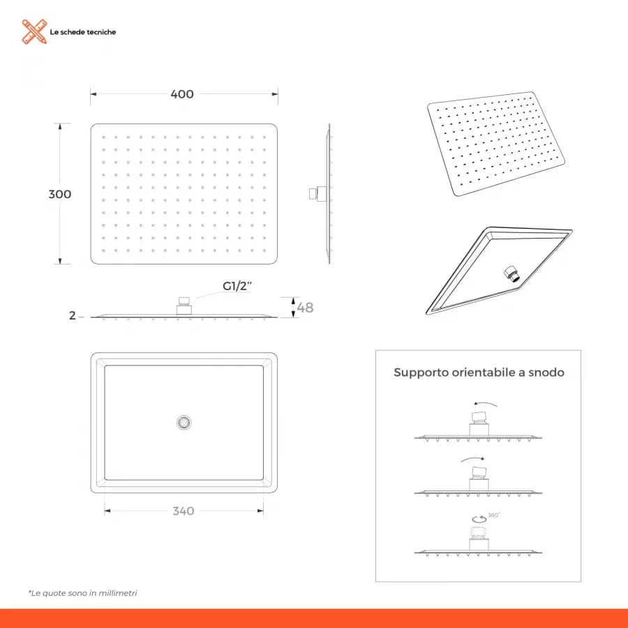 Set doccia con soffione 40x30 cm, braccio doccia 40 cm e kit doccino nero opaco