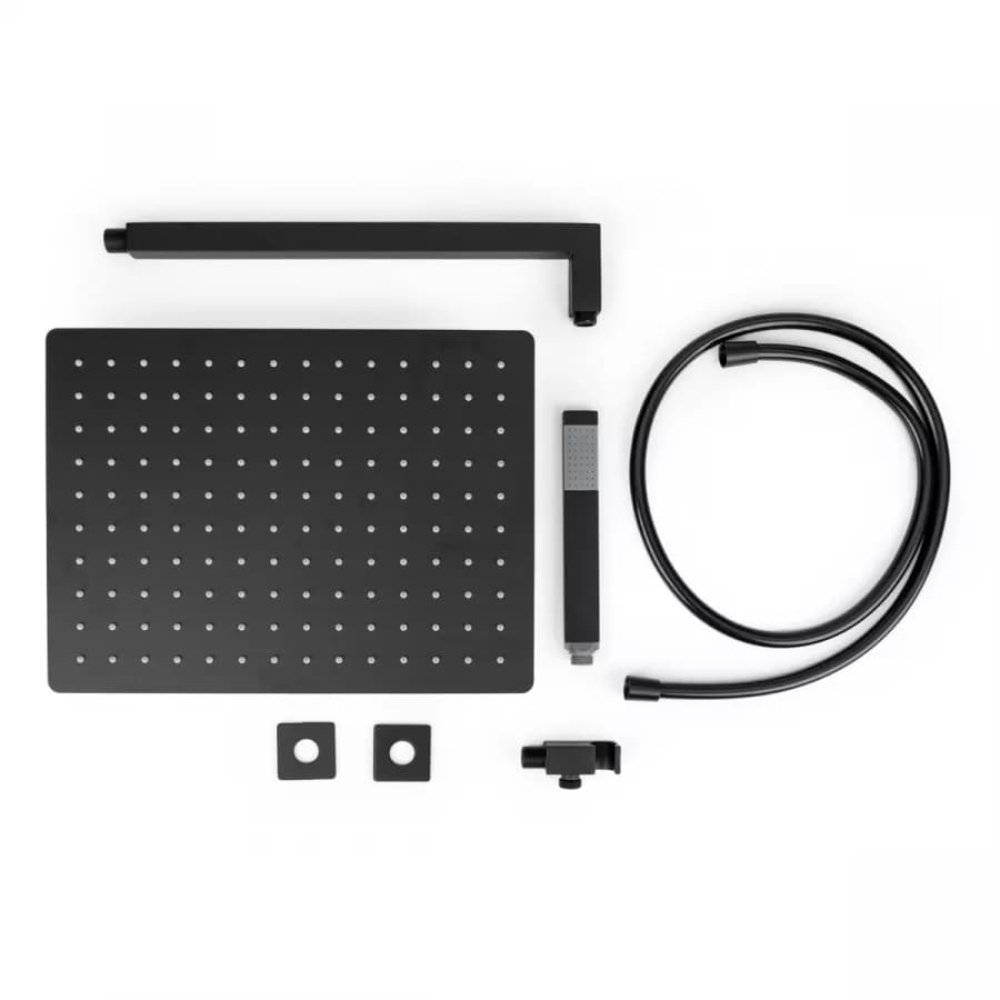 Set doccia con soffione 40x30 cm, braccio doccia 40 cm e kit doccino nero opaco
